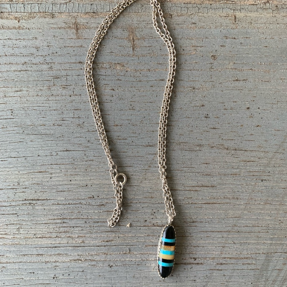 Sterling Silver Necklace with Inlaid Turquoise, Mother-of-Pearl, and Black Onyx